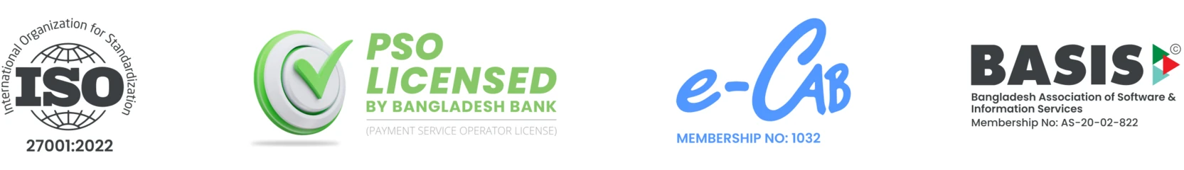Bangladesh Bank Payment Service Operator licence, ISO 27001:2022 certification, e-CAB membership, and BASIS membership